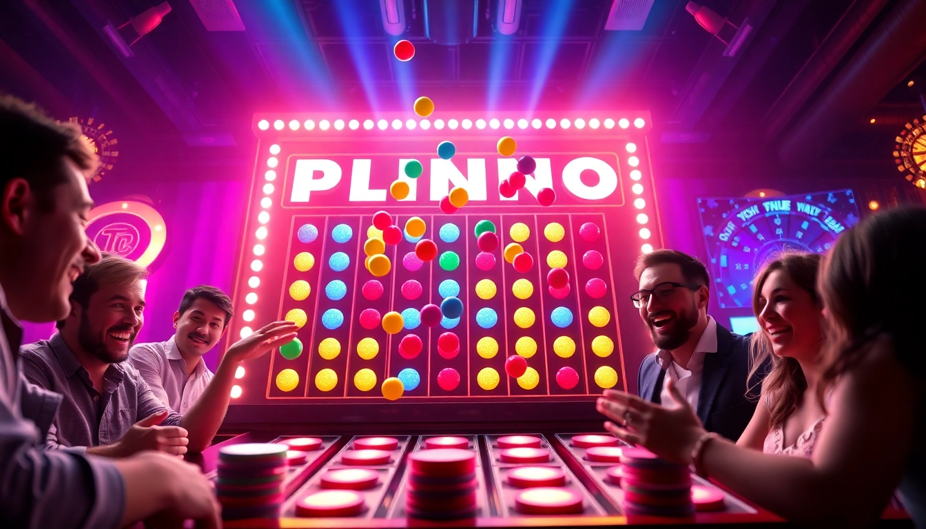 Experience the excitement of plinko casino with vibrant colors and players anticipating the drop of the colorful balls.