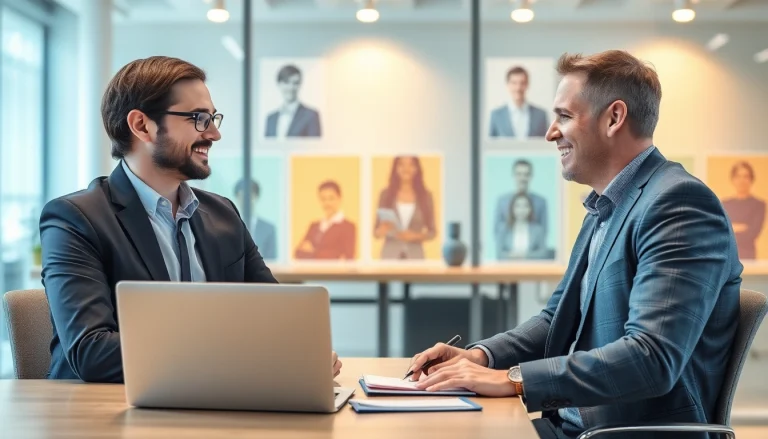 Headhunter Führungskräfte in einem modernen Büro, der mit einem Klienten spricht und digitale Grafiken von Führungspersönlichkeiten im Hintergrund zeigt.