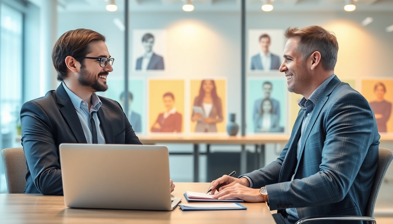 Headhunter Führungskräfte in einem modernen Büro, der mit einem Klienten spricht und digitale Grafiken von Führungspersönlichkeiten im Hintergrund zeigt.
