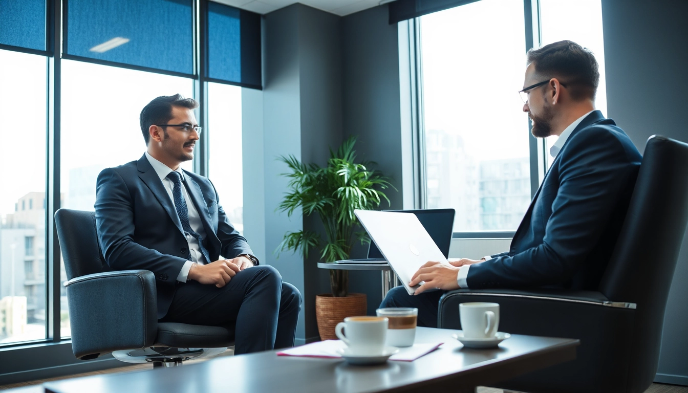 Headhunter Bochum führt ein Vorstellungsgespräch mit einem Kandidaten in einem modernen Büro, um Vertrauen und Professionalität zu gewährleisten.