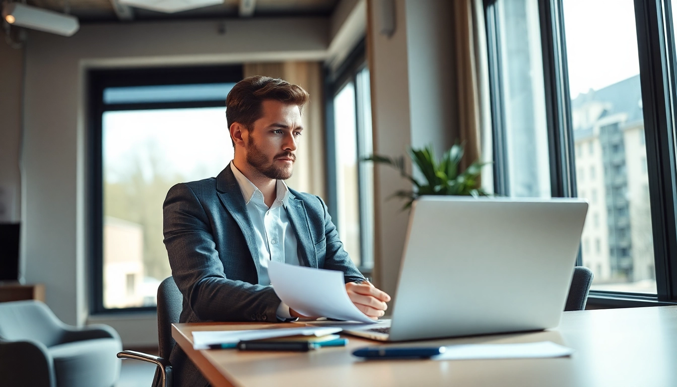 Headhunter Solingen bei der Arbeit in einem modernen Büro, konzentriert und professionell.
