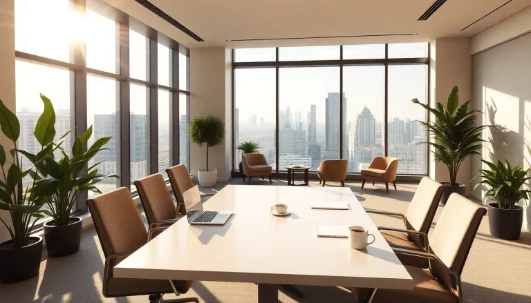 Ein Headhunter-Büro mit einem eleganten Schreibtisch und inspirierendem Stadtblick bietet eine einladende Atmosphäre für die Rekrutierung.