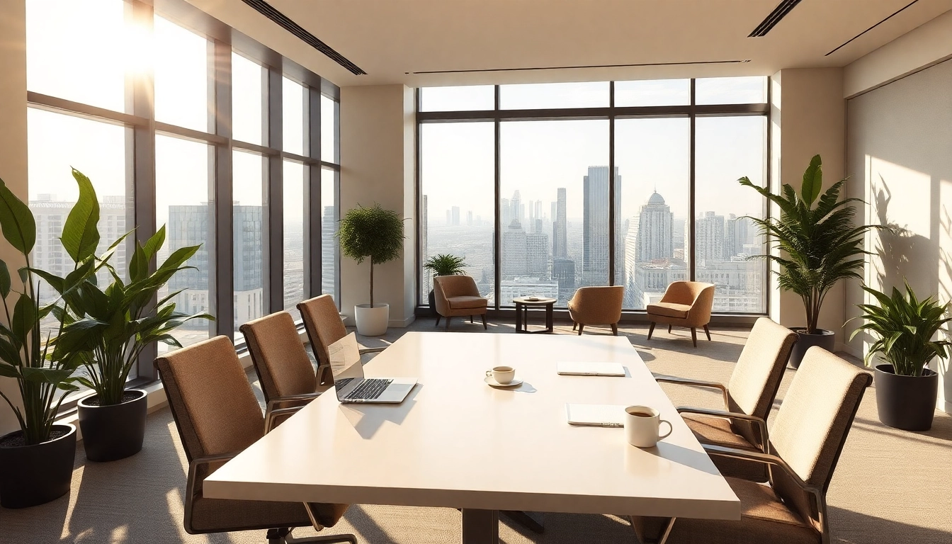 Ein Headhunter-Büro mit einem eleganten Schreibtisch und inspirierendem Stadtblick bietet eine einladende Atmosphäre für die Rekrutierung.