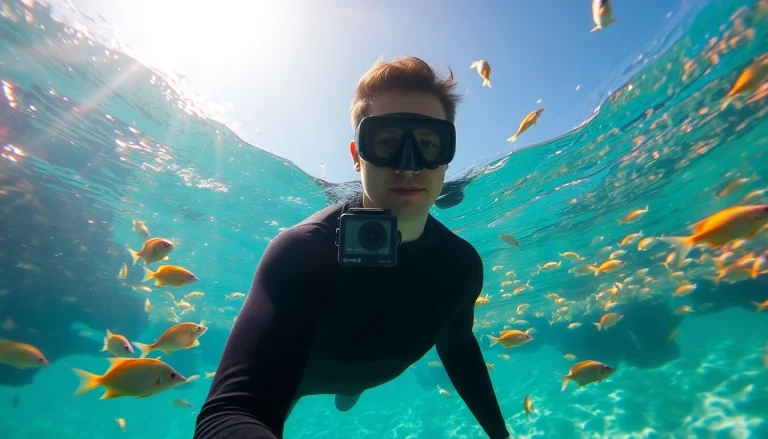 Tauchen in Playa del Carmen: Taucher mit Kamera in klarem Wasser umgeben von bunten Korallen.