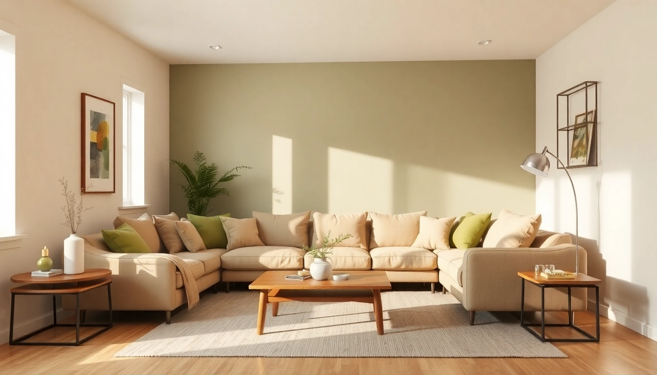 Ideen zur Raumgestaltung eines stilvollen Wohnzimmers mit gemütlichem Sofa und harmonischer Beleuchtung.