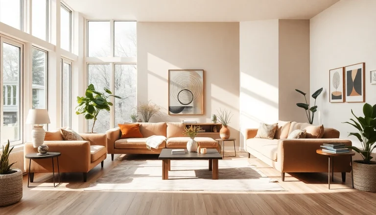 Gestalte dein Zuhause mit Raumgestaltung für ein modernes Wohnzimmer mit natürlichem Licht und erdigen Farbtönen.
