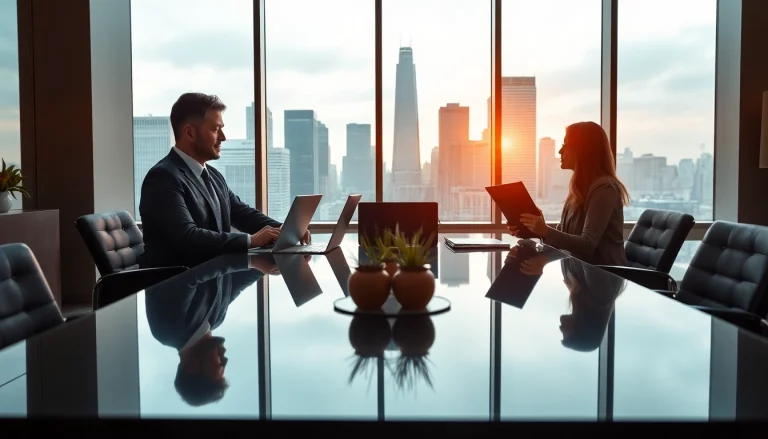 Headhunter discussing strategies with a client in a modern office