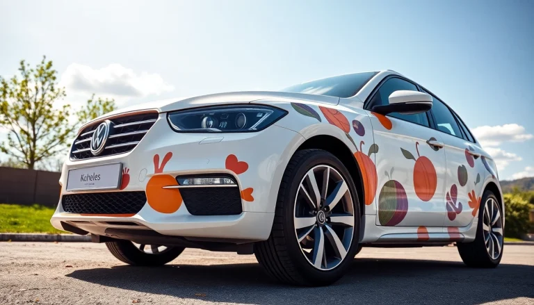 Auto bestickeren mit lebendigen Designs, das Werbung auf Rädern präsentiert.