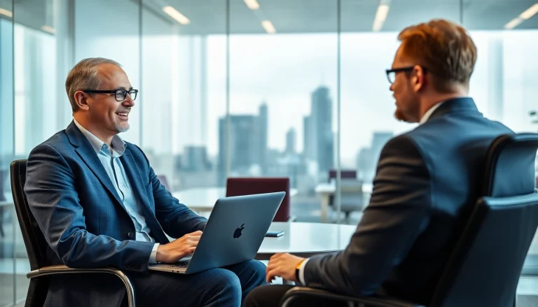Headhunter Oberhausen in einem modernen Büro, der mit einem Kandidaten spricht und seine Professionalität demonstriert.