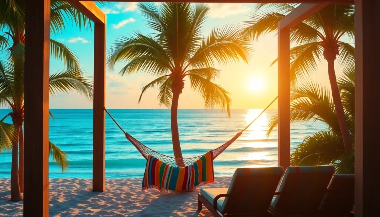 Entspannen Sie in der Coastal Cabana mit Blick auf das Meer und Palmen im Sonnenuntergang.