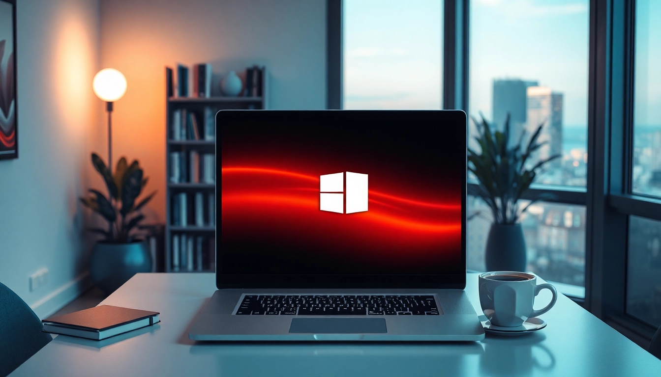 Win 11 Download an einem modernen Computerarbeitsplatz mit Laptop und Tasse Kaffee.