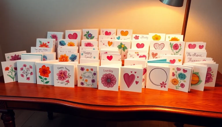 Gestalten Sie einzigartige Grußkarten auf einem stilvollen Holztisch.