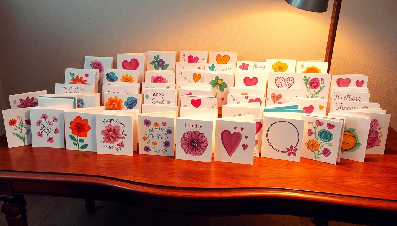 Gestalten Sie einzigartige Grußkarten auf einem stilvollen Holztisch.