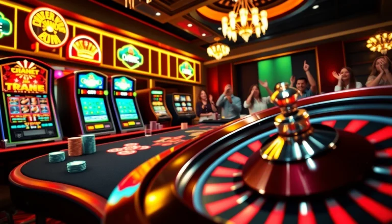 Experience the thrill of VM88 with a luxurious casino table, vibrant slot machines, and an exciting roulette wheel.