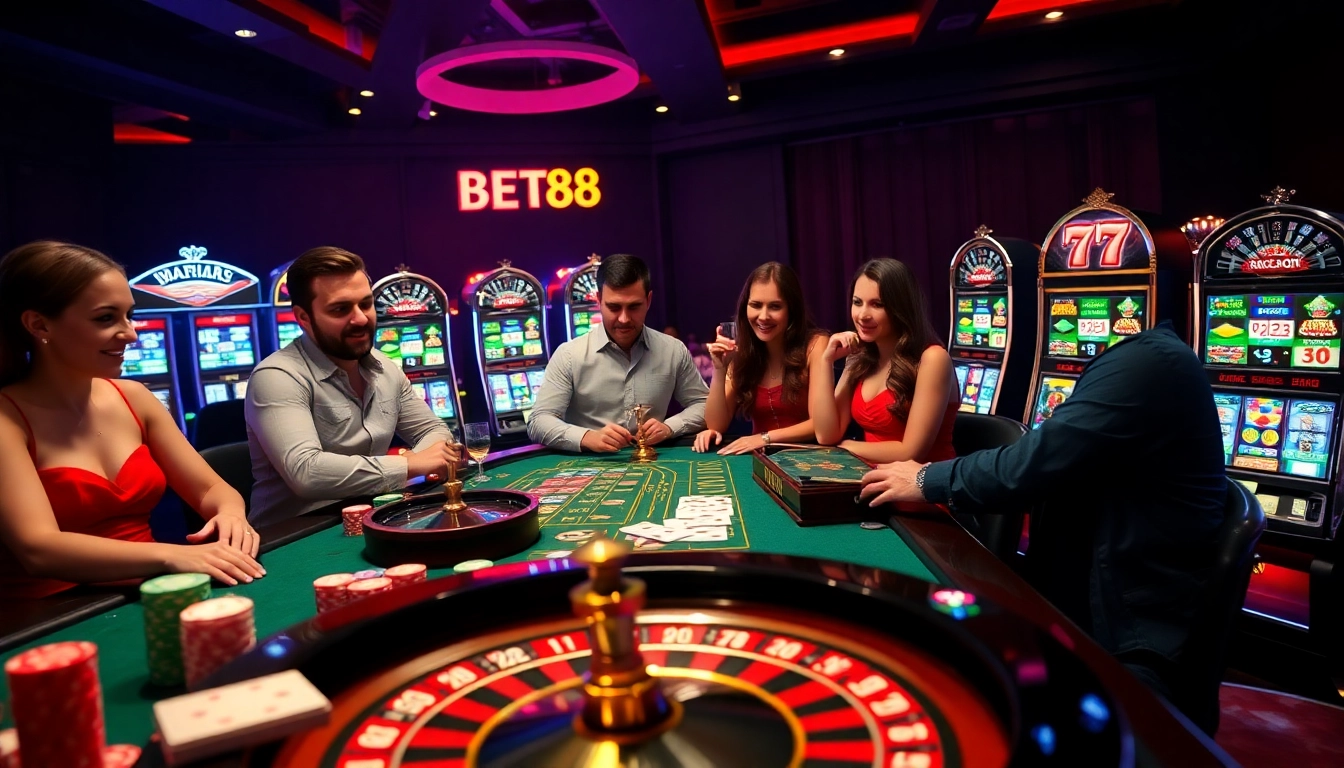 Experience the thrill of playing at BET88 with an exciting casino scene featuring poker chips and roulette.