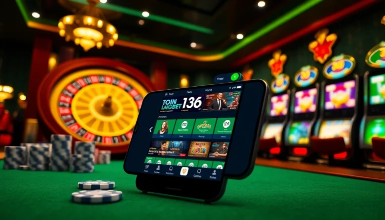 Experience thrilling gaming action with the 136bet App on your mobile device at a vibrant casino scene.