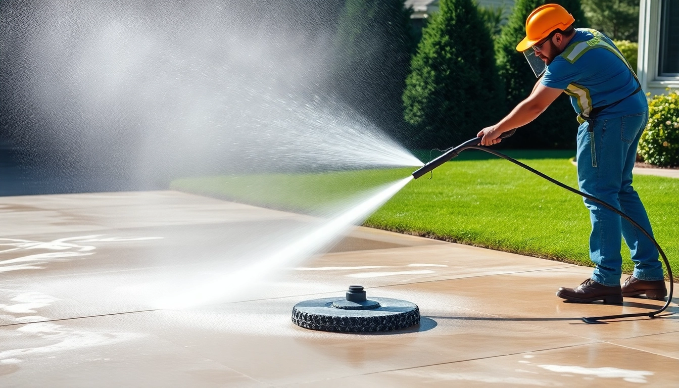 Concrete cleaning in Kissimmee FL, showcasing a technician power washing a driveway for optimal clarity and cleanliness.