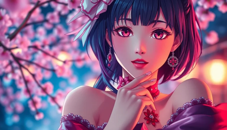 Anime sex character in vibrant attire, expressive pose, and enchanting background.
