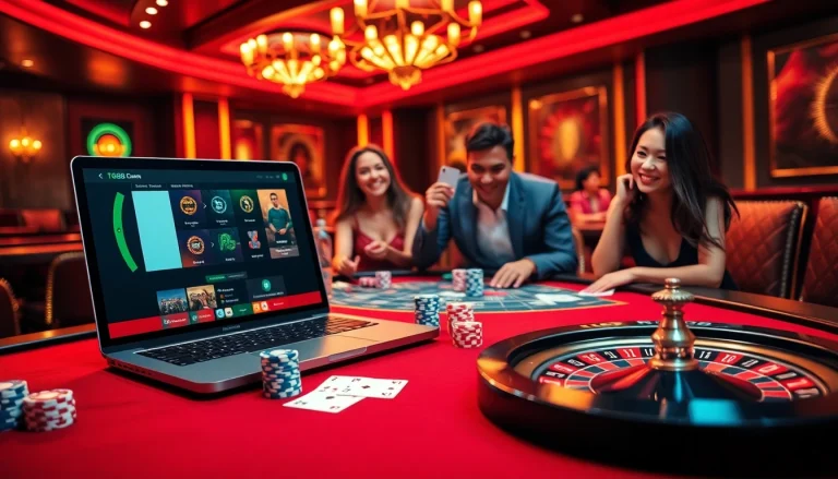 Engage in thrilling gaming at tg88 đăng nhập with a luxurious casino setup featuring vibrant poker chips and cards.
