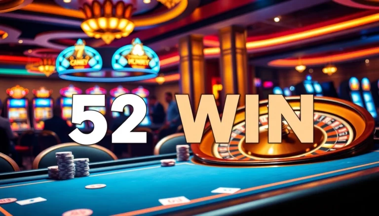 Engaging scene of players enjoying casino games at 52WIN, featuring poker chips and roulette.