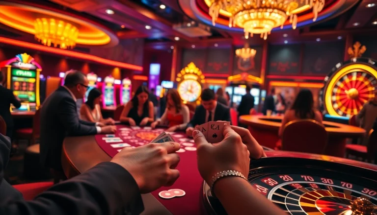 Betting excitement at https://topclub.website/ with luxurious casino tables and vibrant slot machines.