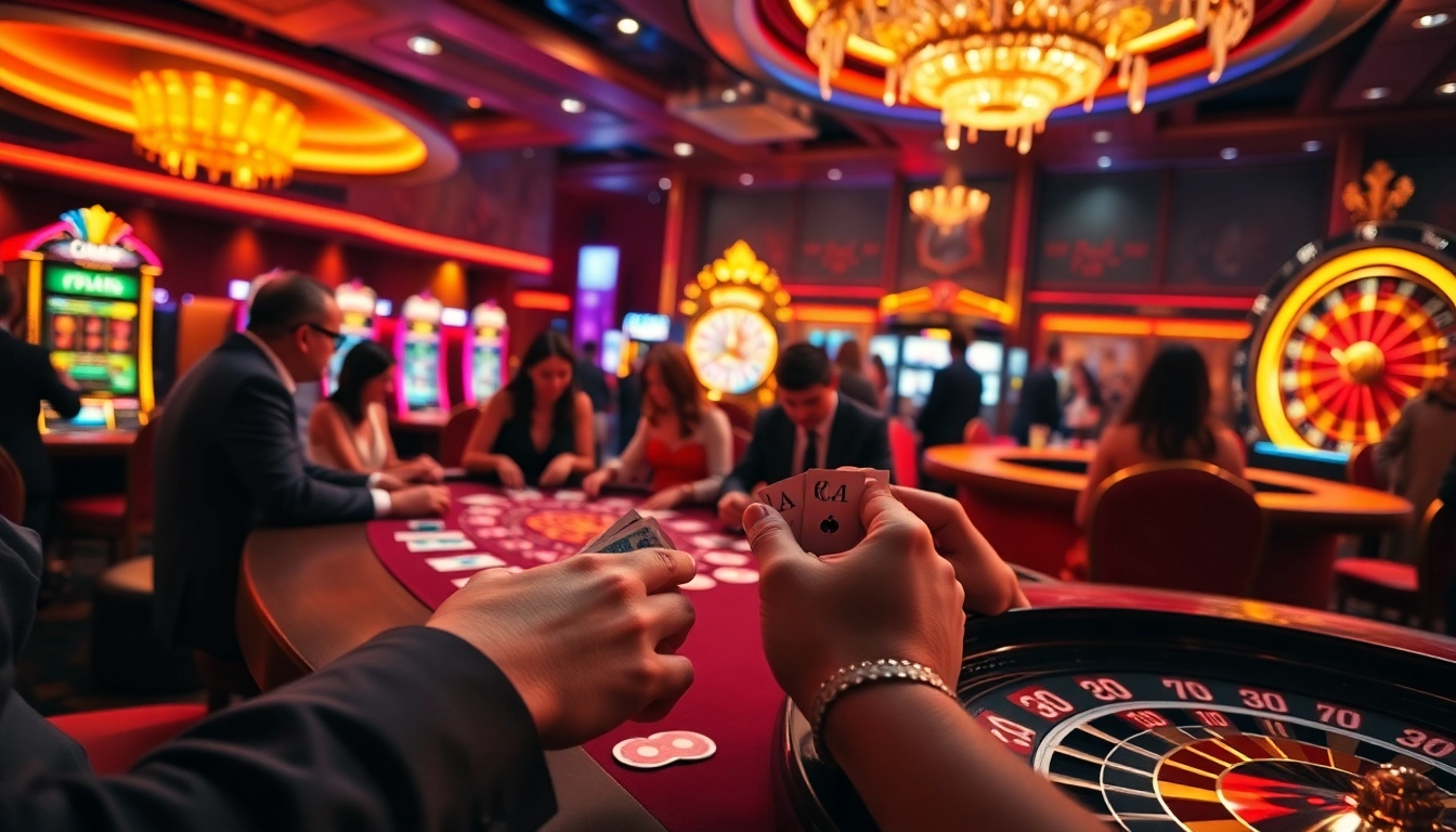 Betting excitement at https://topclub.website/ with luxurious casino tables and vibrant slot machines.