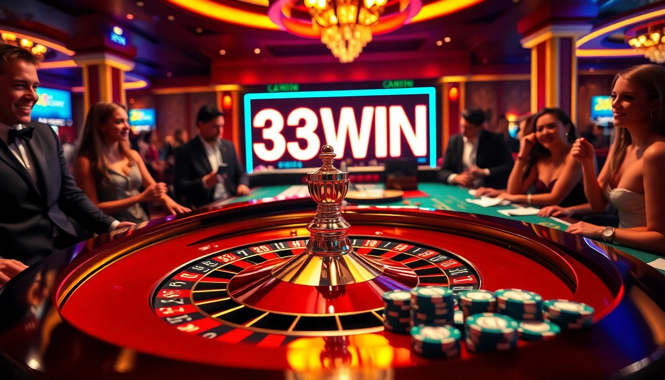 Players engaging at a roulette table in a glamorous 33WIN casino setting, highlighting thrilling bets.