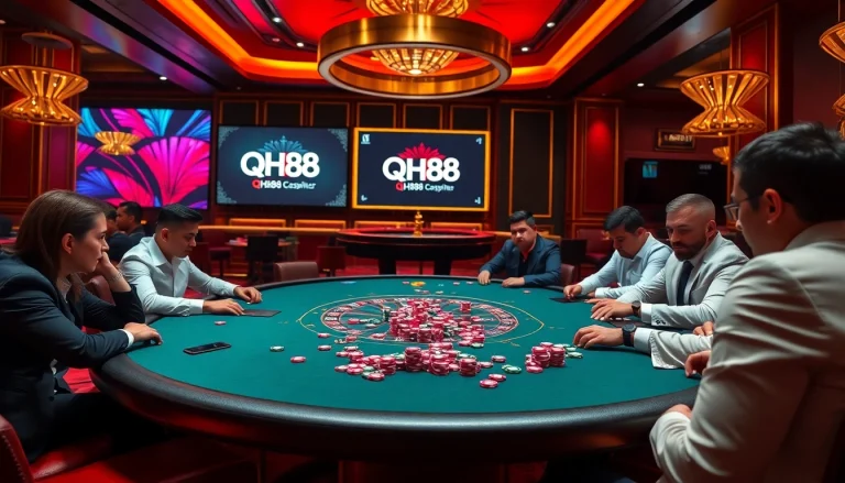 Experience the excitement of gambling at QH88 with vibrant poker tables and roulette wheels.