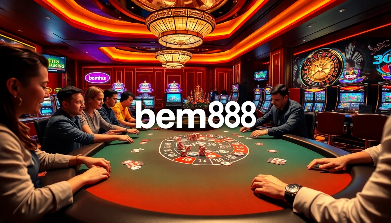 Excited players engaging in live casino gaming at bem88 with vibrant tables and slot machines.