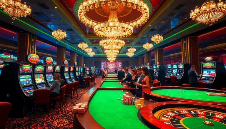 Experience the thrill of qh88 at a luxurious casino, featuring vibrant tables and excited gamblers.