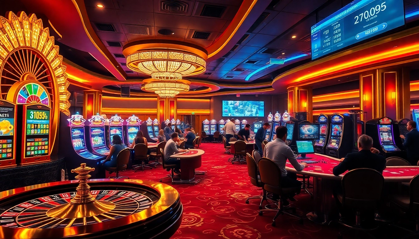 Experience thrilling gameplay at https://789winjj.com/ with vibrant casino visuals showcasing roulette wheels and dynamic players.