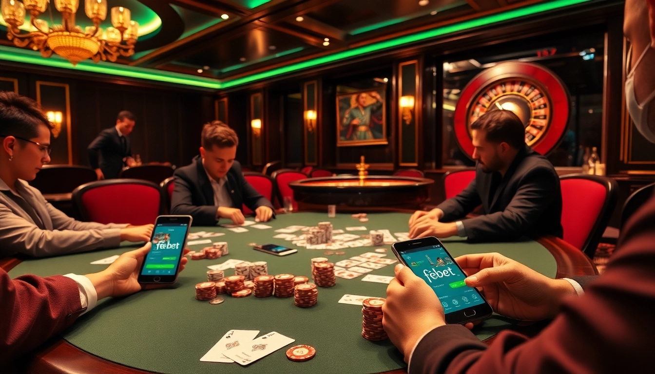 febet players enjoy a thrilling game at a high-stakes poker table in a luxurious casino.