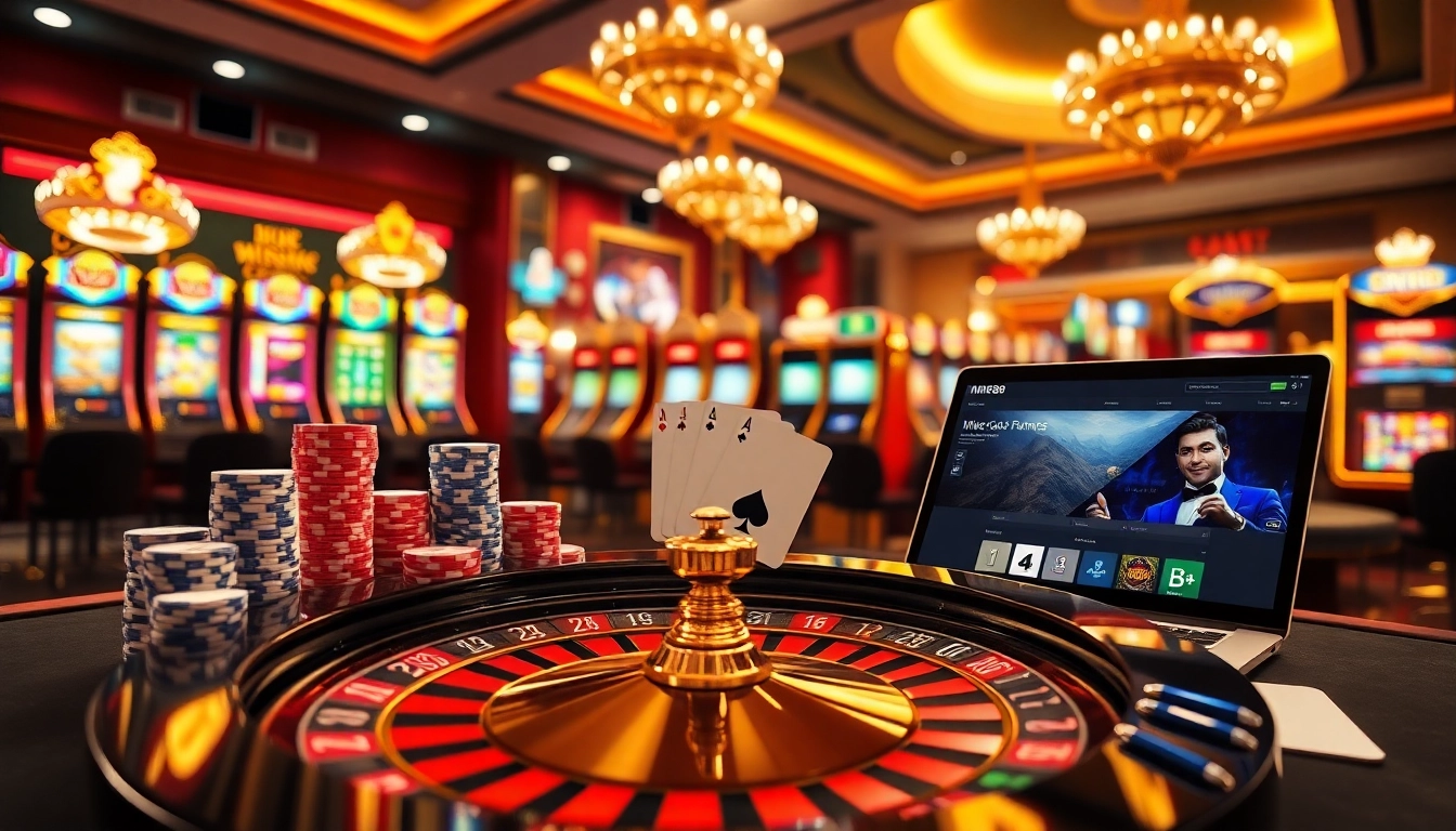 Experience the thrill of winning at MM88 COM with poker chips and roulette wheels in a luxurious casino setting.