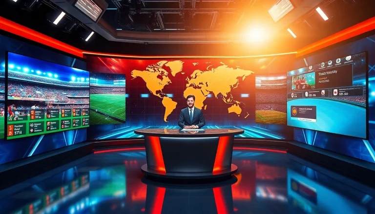 Dynamic scene of sports broadcasting featuring an anchor in a professional studio.
