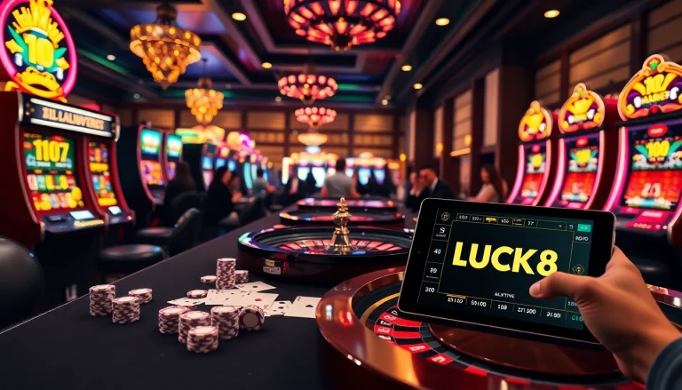 Experience high-stakes gaming action at LUCK8 casino with vibrant slot machines and elegant poker tables.
