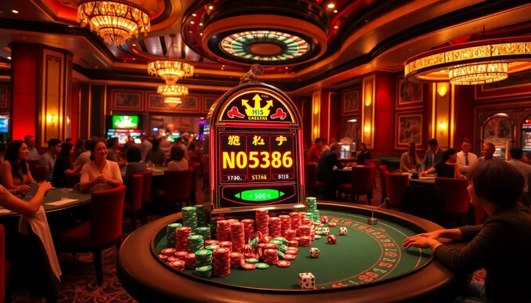Excited players enjoying the Nổ hũ ok8386 slot machine in a luxurious casino setting