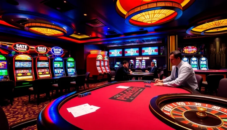 Players enjoying a poker game at NV Casino, showcasing vibrant slot machines and a roulette wheel.