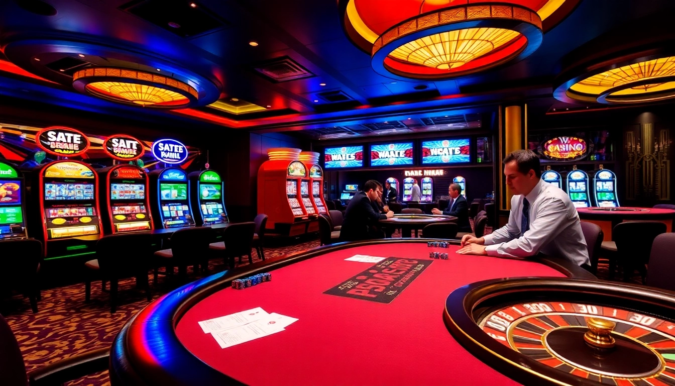 Players enjoying a poker game at NV Casino, showcasing vibrant slot machines and a roulette wheel.