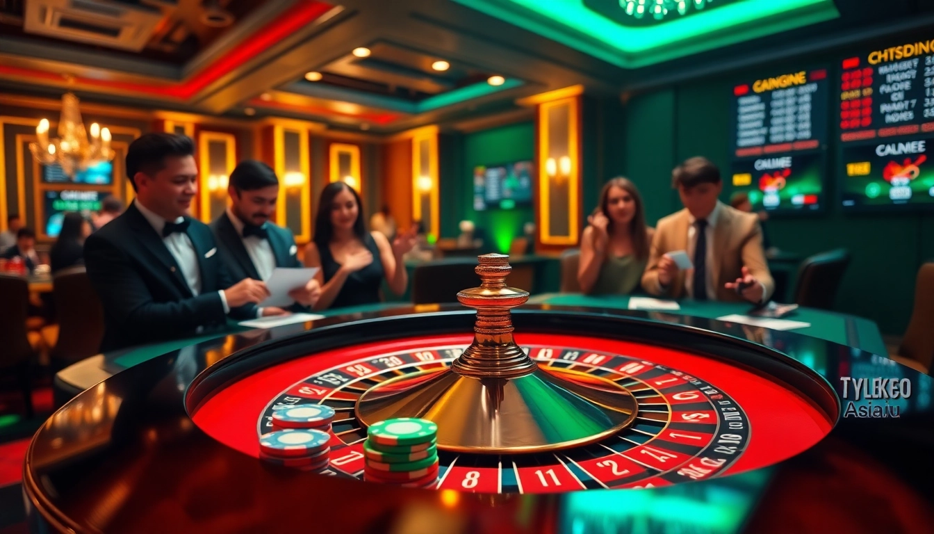 Experience the excitement of gambling at tylekeo.asia with vibrant casino scenes showcasing roulette and betting.