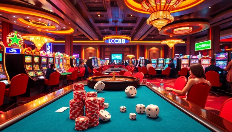 Players enjoying engaging games at https://lc88pro.com/ casino with vibrant poker chips and roulette wheels.