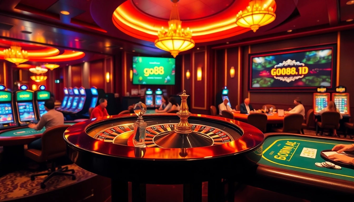 Engaging gamblers at a vibrant casino showcasing https://go88vn.id/ with roulette and poker action.