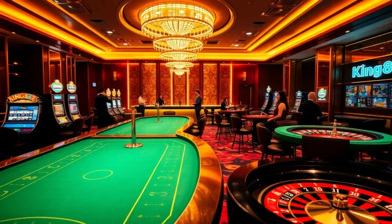 King88 players celebrating wins at an upscale casino with poker tables and slot machines.