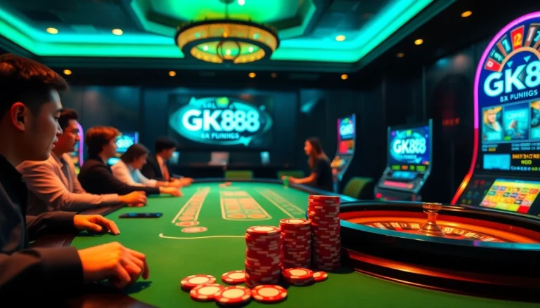 Players enjoying a thrilling game at https://gk88.city/, surrounded by vibrant casino elements and luxurious poker tables.