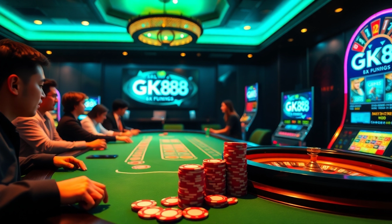 Players enjoying a thrilling game at https://gk88.city/, surrounded by vibrant casino elements and luxurious poker tables.
