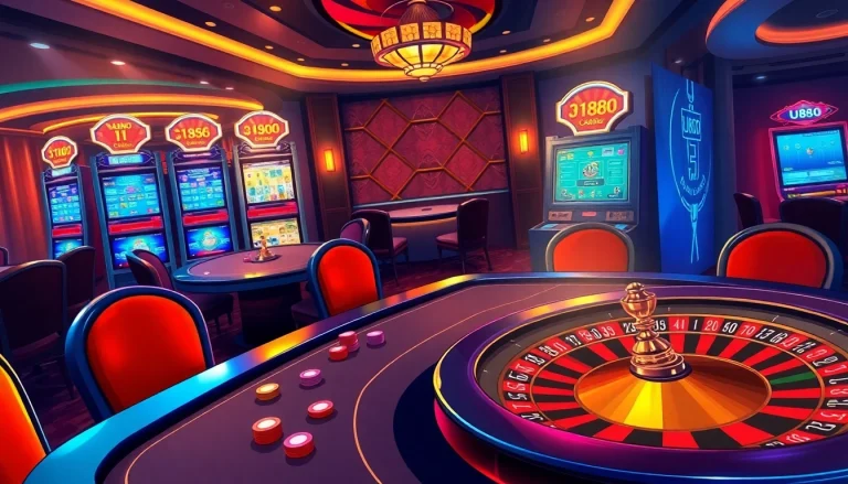 Experience the thrill of U888 online casino gaming with vibrant slot machines and an engaging poker table scene.