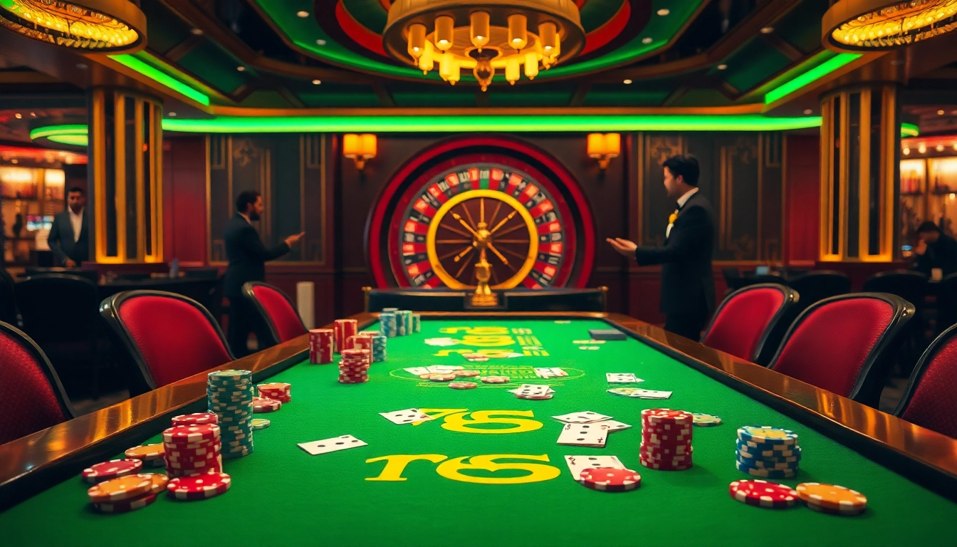 Players enjoying an exciting game at 789club casino table filled with poker chips and cards.