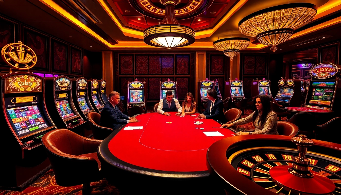 Players enjoying high-stakes poker with vibrant slot machines at 789club casino.