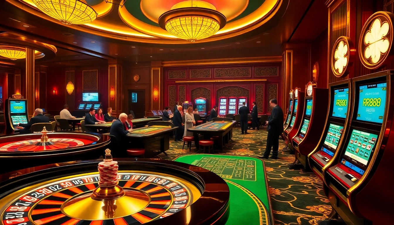 Exciting casino scene showcasing high-stakes betting with RR888 chips and vibrant slot machines.