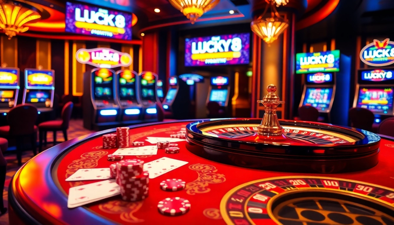 Cảnh sòng bạc hấp dẫn giới thiệu LUCK8、LUCKY8 với bàn chơi sôi động, chip và vòng quay roulette.