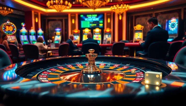 Experience thrilling gameplay at https://f8bet.ventures/ with an elegant casino scene featuring roulette and poker.